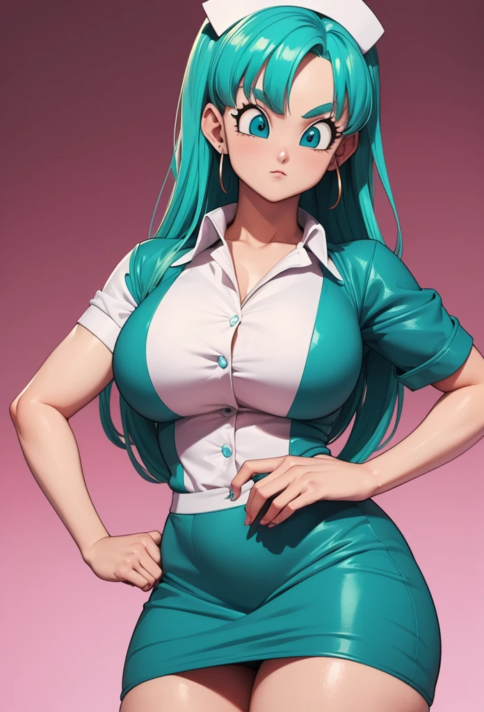 Masterpiece,Solo,1Girl,Bulma,(Dragon Ball Z),Big Breasts,Perfect Body,Sexy Body Hot,Ultra High Quality,Ultra High Resolution,Photograph 16K,Ultra Detail,Long Hair,Aqua Hair,Beautiful,Beautiful Girl,Nurse Outfit