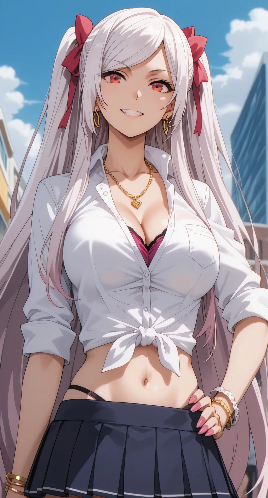 Source anime, Tall girl, Fit girl,score_9, score_8_up, score_7_up, score_6_up, uncensored, alexia midgar, long hair, very long hair, hair ribbon, white hair, red eyes, sidelocks, ribbon, large breast, collared shirt, tied shirt, pleated skirt, flashy gyaru, happy, showy,too many accessories, colorful , kogal, kogal gyaru, necklace, earrings, bracelet, navel, midriff,