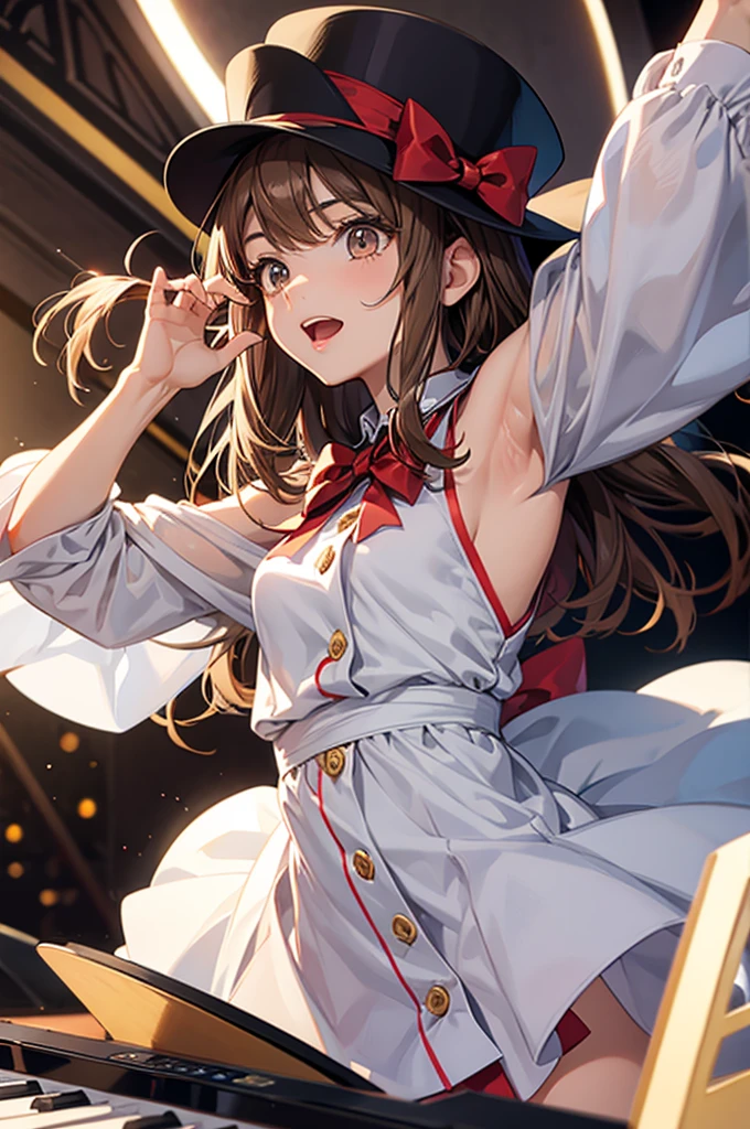 a tall anime girl playing a keyboard with her hands in the air, 1girl, solo, brown hair, hat, bow