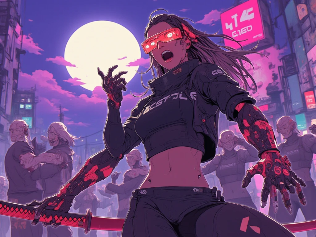 an close up battle sceen from woman with long hair and wearing digital red glasses and black croped top kimono with cyberweres and armors, she fights against several robots in 3D motion perspective view, she is in rage and anger and shouts, She is holding a red cyber katana in her hand with depth of field effect, front of a neon city background with full moon, the camera angle is slightly from bellow, 