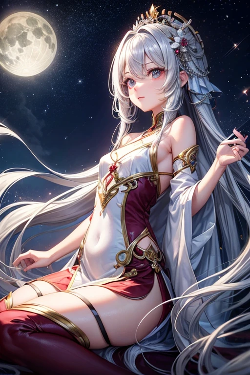 The pure white girl is icy and jade-free. Her hibiscus-long hair is waist-length. She is wearing silk and elegant white stockings with metal ornaments.(White and translucent meat) A shy expression。spoony。 Scene setting The bright moon rises over the sea,Tianya Gong is now wearing a garland on her head, and the dreamy wind is blowing her clothes