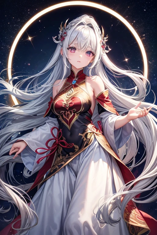 Kami, the Goddess of Order, Life, Creation, Light, and Alpha
Clothes:
Kami wears a traditional white kimono with intricate gold trim that symbolizes purity and divinity. The kimono is designed to highlight her divine figure, with a low neckline that reveals a hint of cleavage and a high slit that exposes her thigh. The sleeves are long and flowing, giving her a graceful and ethereal appearance. The gold accents add a touch of regality, emphasizing her status as the goddess of creation and light.
Appearance:
Kami has long, flowing white hair that cascades down her back in soft waves, shining with a radiant glow. Her golden eyes are warm and inviting, exuding wisdom and kindness. Her skin is fair and flawless, with a soft, heavenly glow that adds to her divine presence. Her lips are painted a deep red, which contrasts beautifully with her pale complexion. Her overall appearance is serene and calming, embodying the essence of order and life.