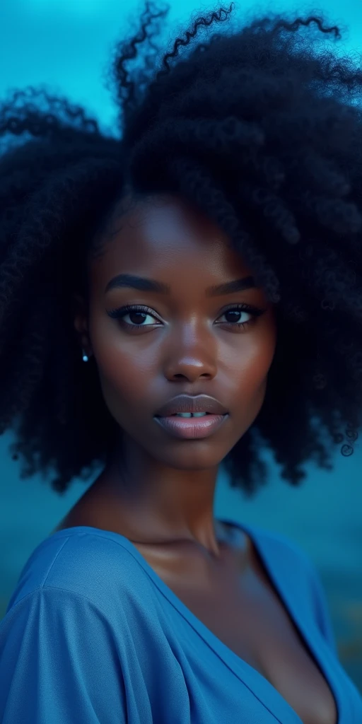 there is a black woman , the woman has curly black curly, she has dark skin, with dark brownish skin, with long curly, long black curly hair she is taking a selfie whilst going on a run
