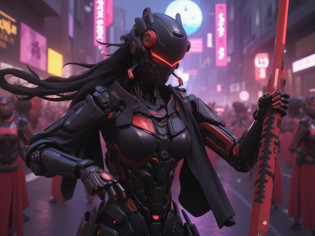 an close up battle sceen from woman with long hair and wearing digital red glasses and black croped top kimono with cyberweres and armors, she fights against several robots in 3D motion perspective view, she is in rage and anger and shouts, She is holding a red cyber katana in her hand with depth of field effect, front of a neon city background with full moon, the camera angle is slightly from bellow, 