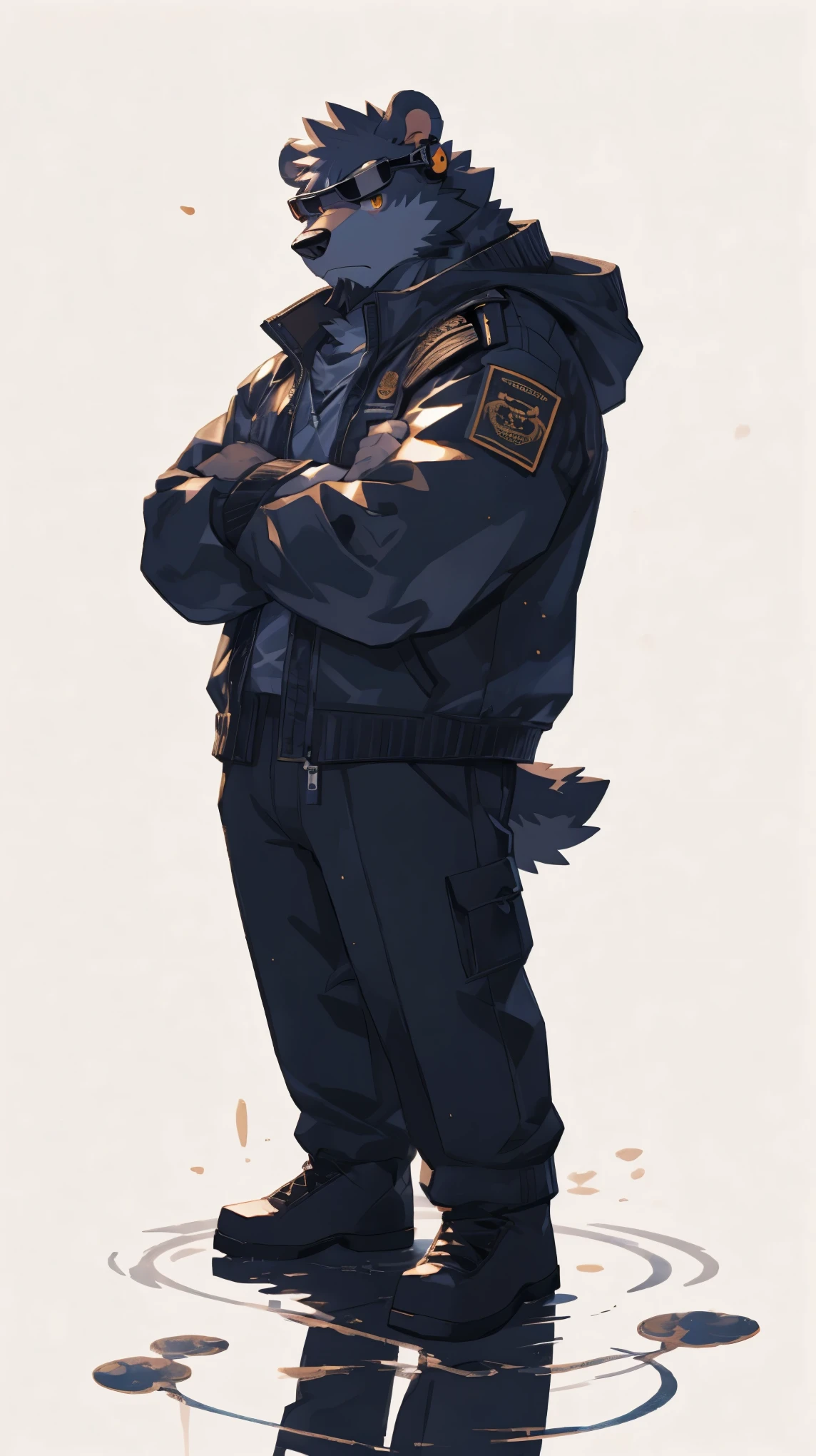 Solo, male, standing, by bigcozyorca, by goonie-san, by bebebebebe, by spikedmauler, facing viewer, canine, spacesuit, open mouth, detailed mouth, tongue hanging out, drooling, smirking, eductive smile, lustful grin, bulge, bulging, hard bulge, adjusting hard bulge, adjusting bulge, adjusting crotch
