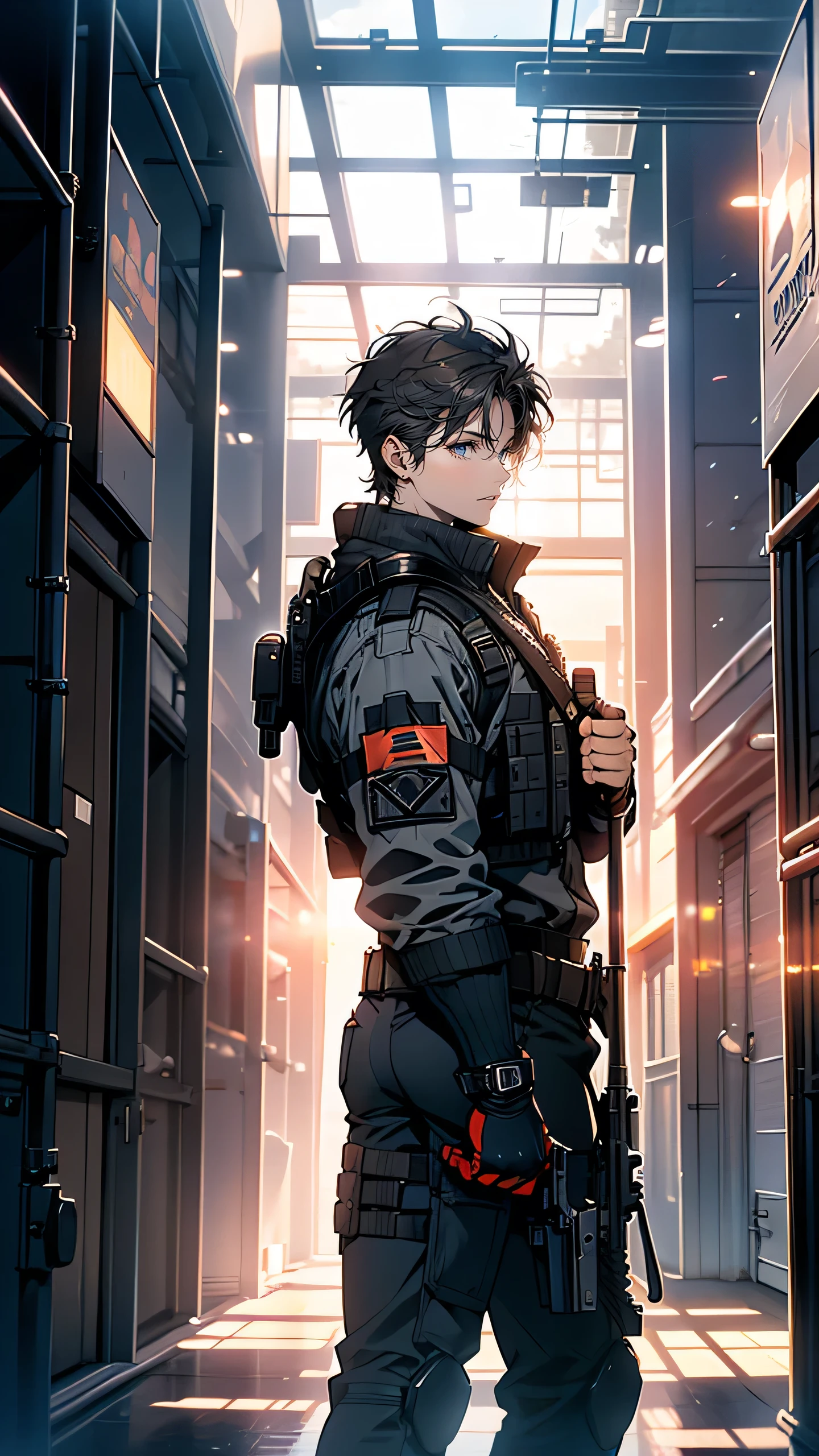 “A rugged and imposing security agent, Vincent ‘Vince’ Carter, stands in front of the massive steel doors of the time capsule storage facility. He has short, cropped dark hair with streaks of gray and wears a heavily armored black tactical suit with glowing red accents, indicating his elite status. His strong, chiseled features are set in a grim, determined expression as he guards the entrance with a high-tech rifle slung across his back. The facility behind him is cold and sterile, with surveillance drones hovering above, while Vince’s eyes scan the surroundings, always on high alert. His body language is disciplined, but his clenched fists reveal inner conflict.”