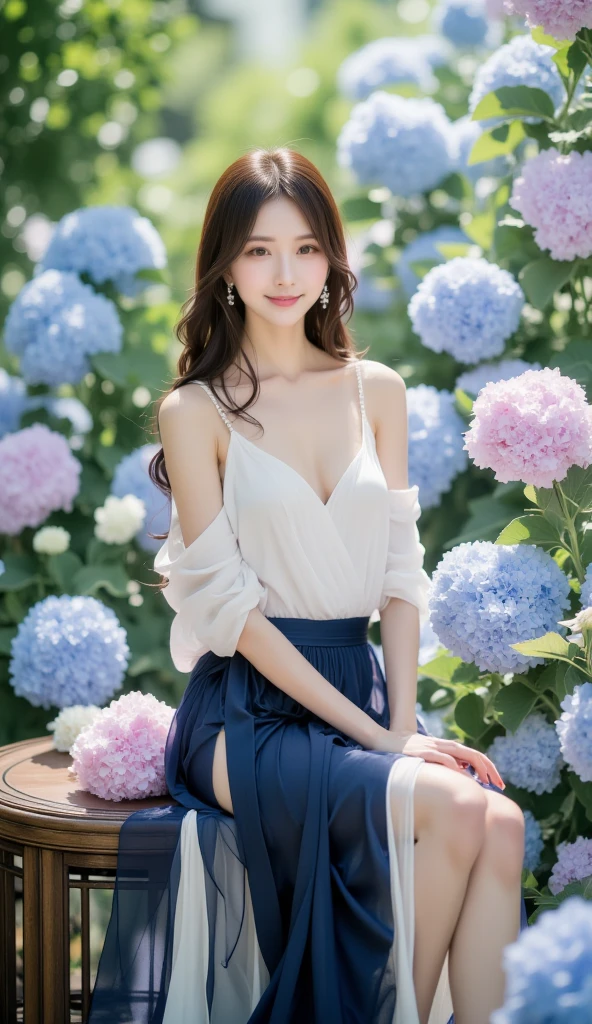 (chinese ink wash paiting),Elegant portrait of an East-Asian woman sitting gracefully on a wooden stool, wearing a stylish modern dress with a flowing white blouse and a navy blue pleated skirt, adorned with a delicate blue ribbon. Her long, silky black hair cascades over her shoulders, gently catching the soft light. The background is filled with vibrant hydrangea blossoms in shades of blue, purple, and pink, creating a serene and romantic atmosphere. The lush greenery surrounds her, complementing the delicate colors of the flowers. The lighting is soft and natural, highlighting her flawless porcelain-like skin and serene expression. The composition exudes elegance and tranquility, blending modern fashion with the natural beauty of the floral setting