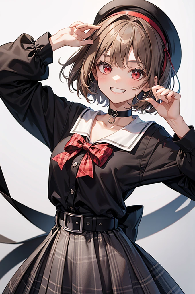 a tall anime girl playing a keyboard with her hands in the air, 1girl, solo, brown hair, hat, bow, solo, skirt, smile, red eyes, shirt, black shirt, choker, black choker, looking at viewer, white background, bow, short hair, plaid skirt, grey hair, simple background, grey skirt, belt, plaid, hair bow, hairband, grin