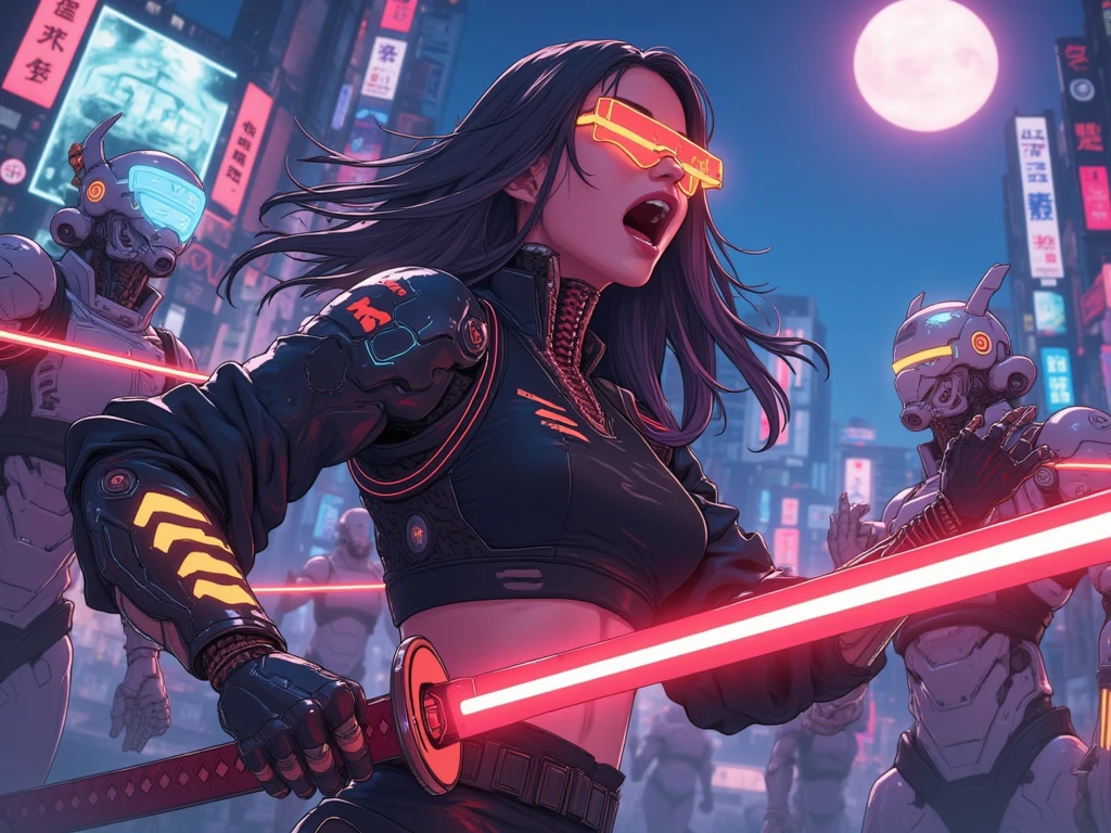 an close up battle sceen from woman with long hair and wearing digital red glasses and black croped top kimono with cyberweres and armors, she fights against several robots in 3D motion perspective view, she is in rage and anger and shouts, She is holding a red cyber katana in her hand with depth of field effect, front of a neon city background with full moon, the camera angle is slightly from bellow, 