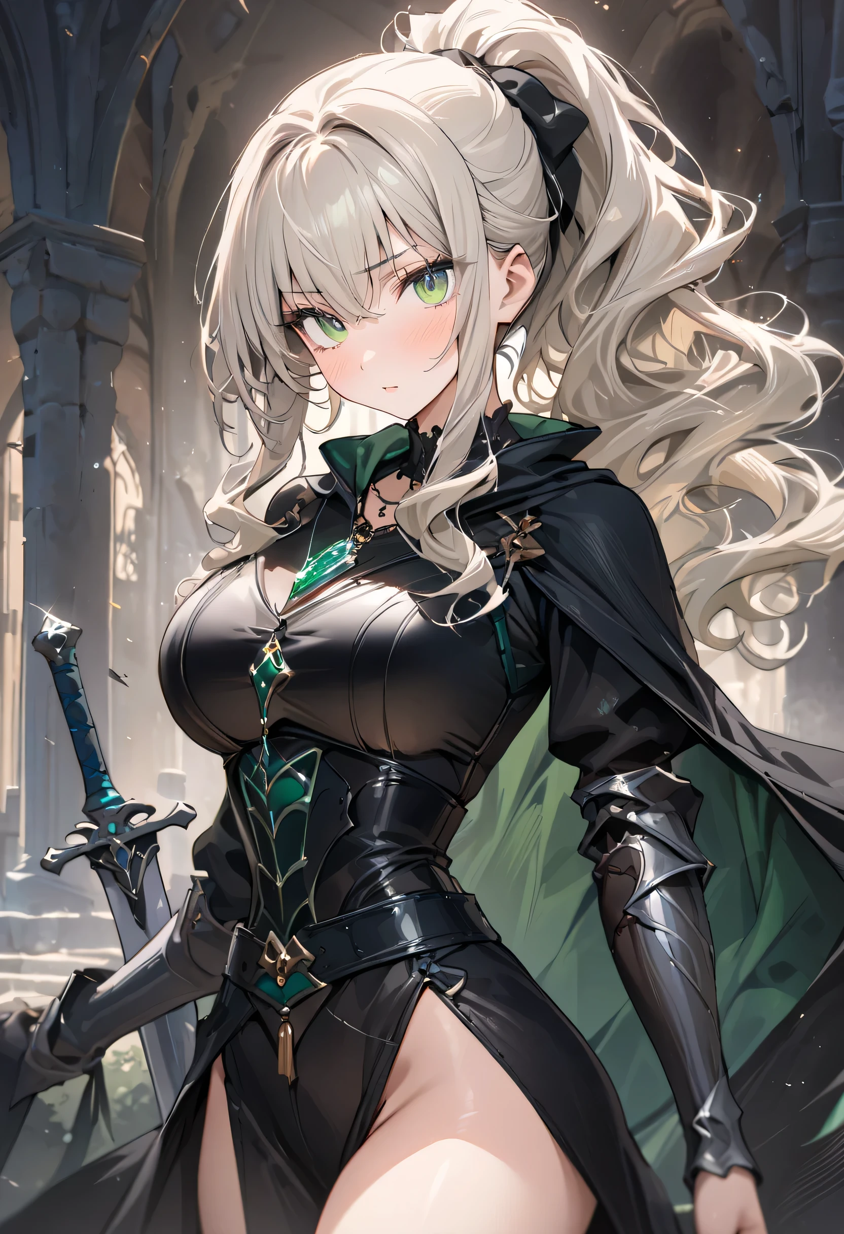 ((Masterpiece)), ((Masterpiece_portrait)), ((Best_qulity)), (unexposed), highres, distinct, distinct_image, hyper_detail, (detailed_face : 0.8), novel illustration, 1girl, solo, Platinum_Blonde_hair, wavy_hair, ponytail, green_eyes, sharp_eyes, close_mouth, large_breasts, veiny_breasts, slender, glamorous, slender_arm, slender_leg, Curved_beauty, sexy, leather_armor, shirt, capri_pants, black_cape, two_sleek_swords, green_pendant, medieval, Fantasy, 