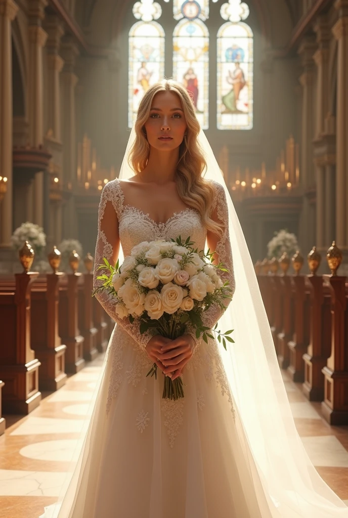 ((translucent luminous body_Wearing a white lace wedding dress), (woman made of light: 1.2, glowing hair_Long curly blonde hair),, (Upper body frontal close-up angle: 1.3), 8k, high dynamic range))((Works by professional wedding photographers))symmetrical face, Symmetrical eyes, Ultra 8K detailed photos, 8K resolution concept(( masterpiece. real photos. Super high quality))AMY put on her carefully selected.The most beautiful designs by famous designers.The most gorgeous.The most noble wedding dress.Standing on the red carpet in a church with stained glass.She has a happy smile on her face.She held a large bouquet of bright roses in her hands.And AMY is more beautiful than flowers.