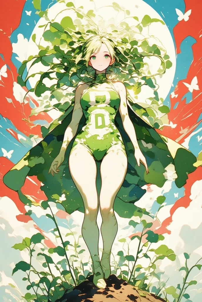 Fantasy art. A Daikon Lady is a Super Heroine. Muscular, white daikon skin texture. looking at the camera with refreshing smile. High cut Wrestling uniform with Fluttering Cape covers the torso and groin. dynamic colors red and blue with contrasting stripes. big breasts, Cleavage. Logo "D" on the Headband. Several white butterflies are flying above her head.