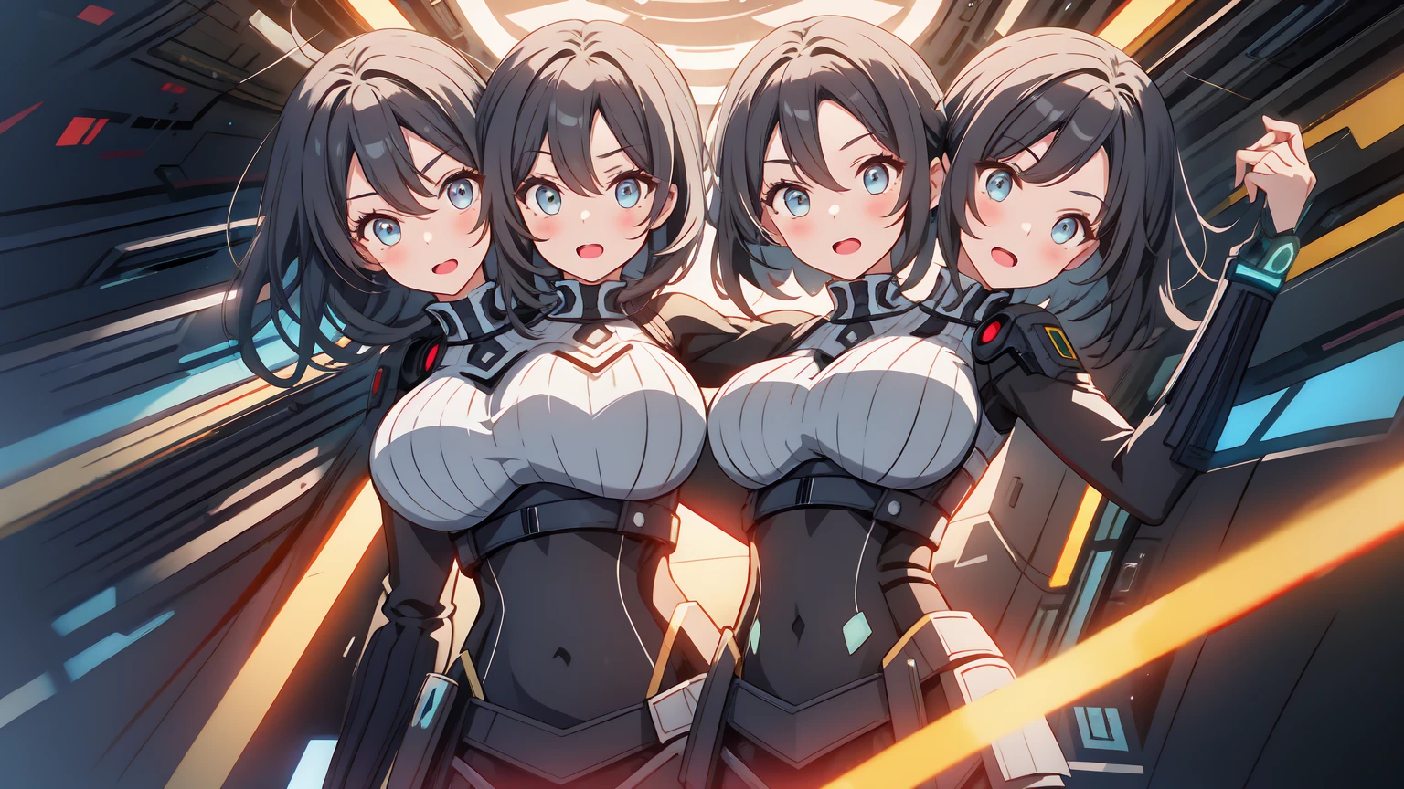 (( 3girls, multiple girls, pov, hetero, hugging girls, girls surround, side by side, )), (in space ship, ), (looking at viewer), (ultra close distance front face shot), (ultra detailed breast skin texture, ultra enormous gigantic breast expansion, ),