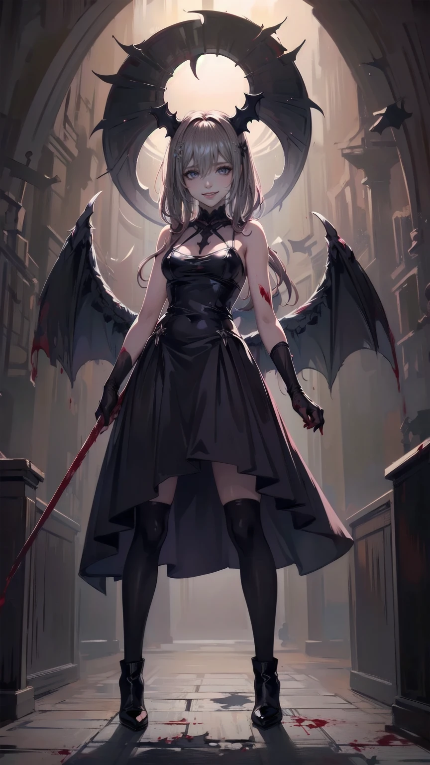 Shadowy Face　、 arms 、Watch viewers with a scary expression 、beautiful girl、とてもcute天使、 Pink Gothic Fashion 、cute、、smile、 long skirt、 BLACK LONG BOOTS 、.(  best quality ,4K, high definition ,  Masterpiece :1.2),  very detailed ,Realistic:1.37,  Spooky altar background  ,Dark fantasy,Red Scheme ,Ominous atmosphere,Eye-catching,story,anatomy, Anime Style ,  concept art,beautiful細部までこだわった顔と (((red eyes ))),A terrifying ritual ,Satan's Ritual ,Premature death,Inappropriate behavior,狂ったsmile,Scythe Face,Girl Monster, beautiful,  delicate facial features,  sharp eye,  sharp fangs, pale Skin, Dark Background,  movie lighting, Dramatic Shadows,  gothic,   Being in a Dark Atmosphere , Dark fantasy, 1 person&#39;S,  please open your mouth wide ,  Please open your mouth and peel your fangs   , Beastly Sharp Teeth , Wide lips, Very big mouth,  red cheeks , ,( Blood Splatter :1.4),Scary smile, smile, angel design , TwiSted smile、Bloody、Head bleeding,,,,,、 Blood Splatter 、,( Blood Splatter :1.4), skull bones,devil&#39;s gun,Horror Style, (( Fantasy Sweet Taffle Ruffle Pink Costume)), ((  flowing blond hair  )), ,( Blood Splatter :1.4),Female Curves,  sexy flat stomach ,   Perfect Hand , Perfect anime face, (Pink Tata Dress)),  standing, ((悪のsmile)), ,( Blood Splatter :1.4), Steam circulation, Moonlight Illumination, night lighting, ( Blood Splatter :1.6),アニメ angel design , TwiSted smile、Bloody、Head bleeding,,,,,、 Blood Splatter 、,( Blood Splatter :1.4),  skull bones,Gothic architecture、Western architecture、  fantasy world  、,Victorian city, Skeleton Gas Light, absurd,  high definition 、 (( Table Top )), ((  best quality )), (  very detailed な), ((  very detailed )), (beautiful), ((cute)), (NFSW:1.8), Alone,(:1.6)、(world&#39;最も恐ろしく気味の悪いdevilの女の子:1.5)beautiful face、 Full Body Esbian、pale, beautiful肌、beautiful金の髪、smile gently、Dark building ruins、(snow white&#39; ruffle dress:1.3)、( Dark Ruins Are Stained with Blood :1.3)、Low angle full body shot、(少女は血の海の中に standing:1.5)、(The ground :1.3)、( that girl lost a ton of blood ....:1.3)、(狂ったsmile:1.6)、Spirit、( Blood Dripping from Mouth :1.3)、
