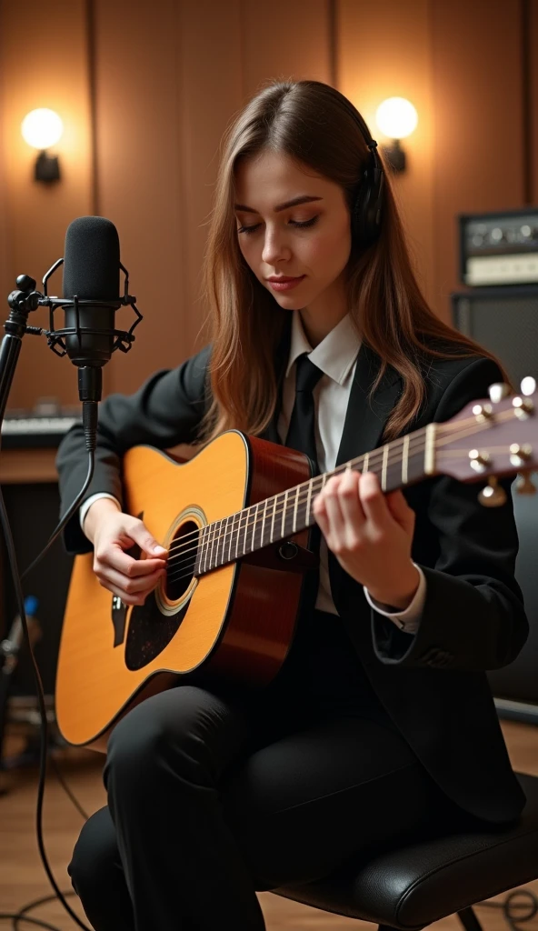 Create a highly realistic portrait of a young woman playing an acoustic ...