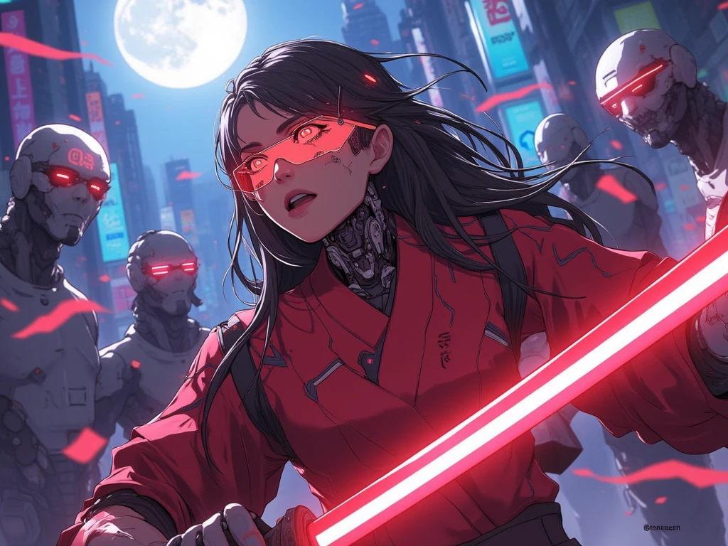 an close up battle sceen from woman with long hair and wearing digital red glasses and red croped top kimono with cyberweres and mechanic arms and armors, she fights against several cyborgs in 3D motion perspective view, she is in rage and anger and shouts, She is holding a red cyber katana in her hand with depth of field effect, front of a neon city background with full moon, the camera angle is slightly from bellow, 