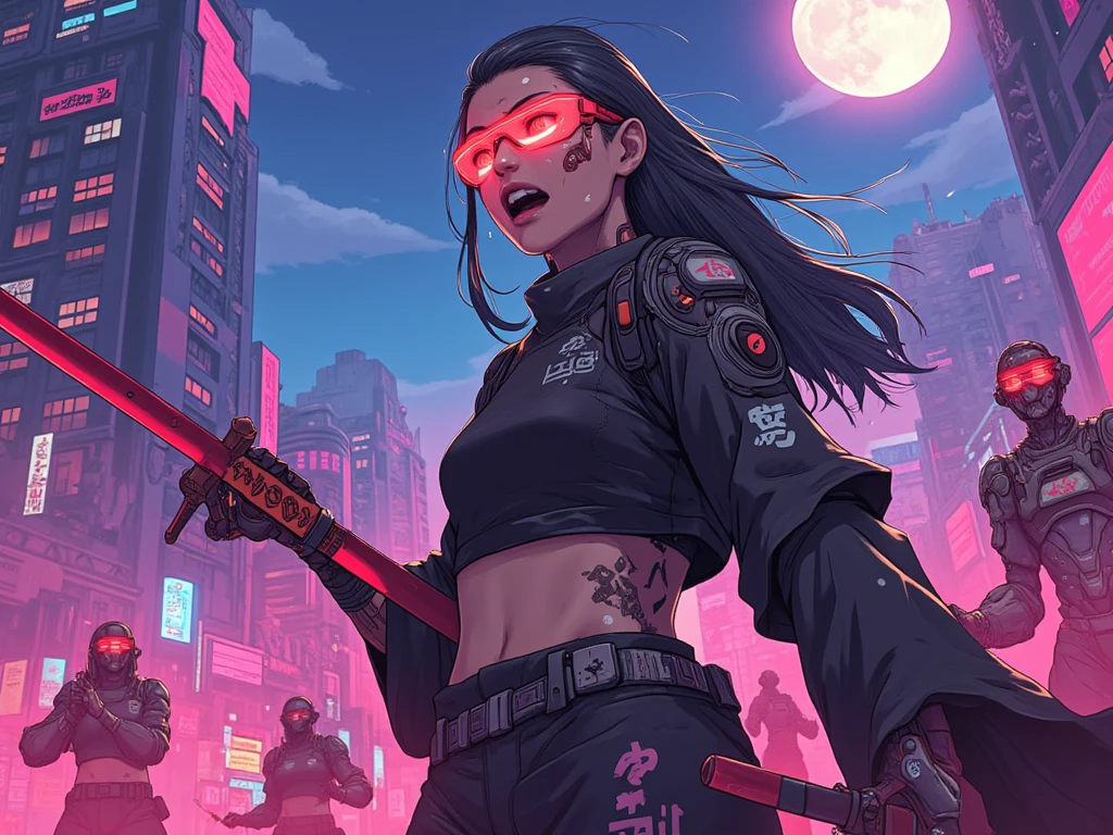 an close up side view battle sceen from woman with long hair and wearing digital red glasses and black croped top kimono with cyberweres and armors, she fights against several robots in 3D motion perspective view, she is in rage and anger and shouts, She is holding a red cyber katana in her hand with depth of field effect, front of a neon city background with full moon, the camera angle is slightly from bellow, 