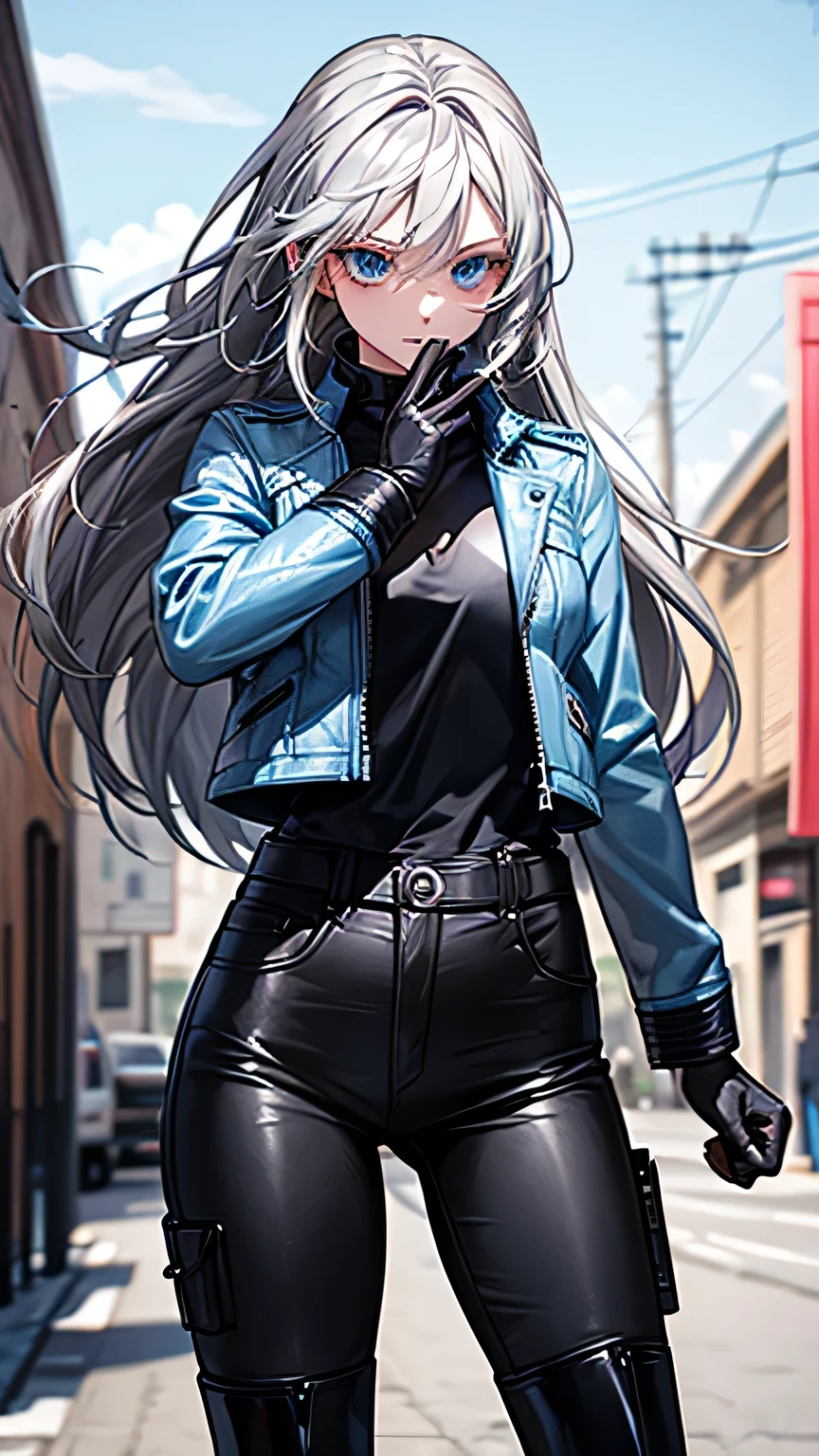    one girl，  Silver Hair， Long Hair，Teardrop ， light blue eyes ， light blue leather jacket， Black Leather Pants ，black finger cutting gloves   ，   black boots，Around town，   best quality，    Masterpiece  