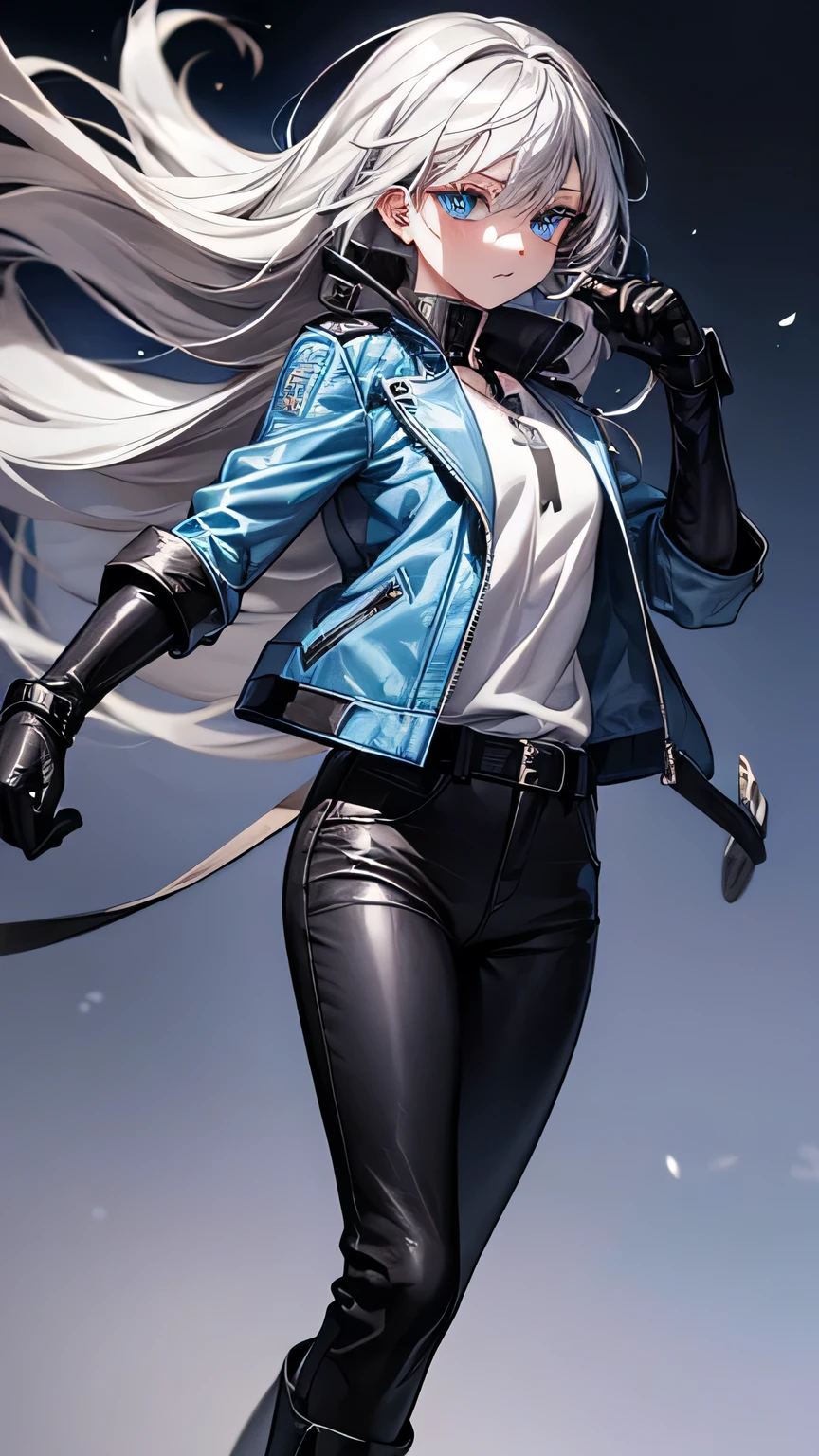    one girl，  Silver Hair， Long Hair，Teardrop ， light blue eyes ， light blue leather jacket， Black Leather Pants ，black finger cutting gloves   ，   black boots，Around town，   best quality，    Masterpiece  