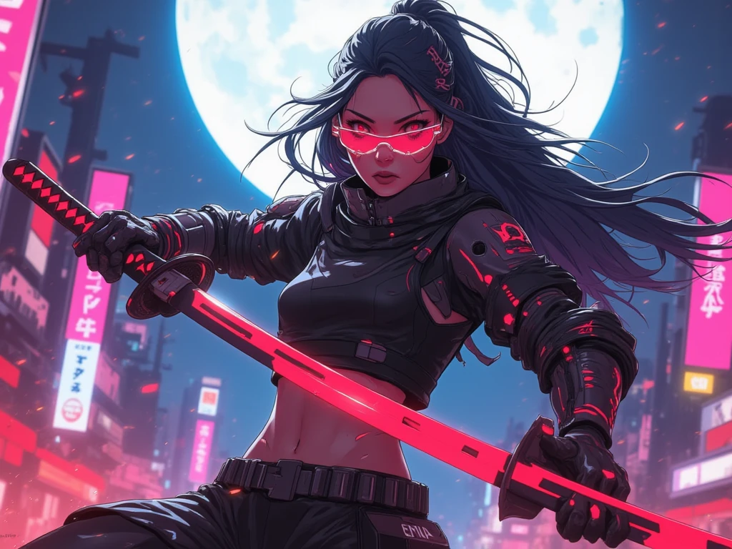 an close up side view battle sceen from woman with long hair and wearing digital red glasses and black croped top kimono with cyberweres and armors, she fights in 3D motion perspective view, she is in rage and anger and shouts, She is holding a red cyber katana in her hand with depth of field effect, front of a neon city background with full moon, the camera angle is slightly from bellow, 