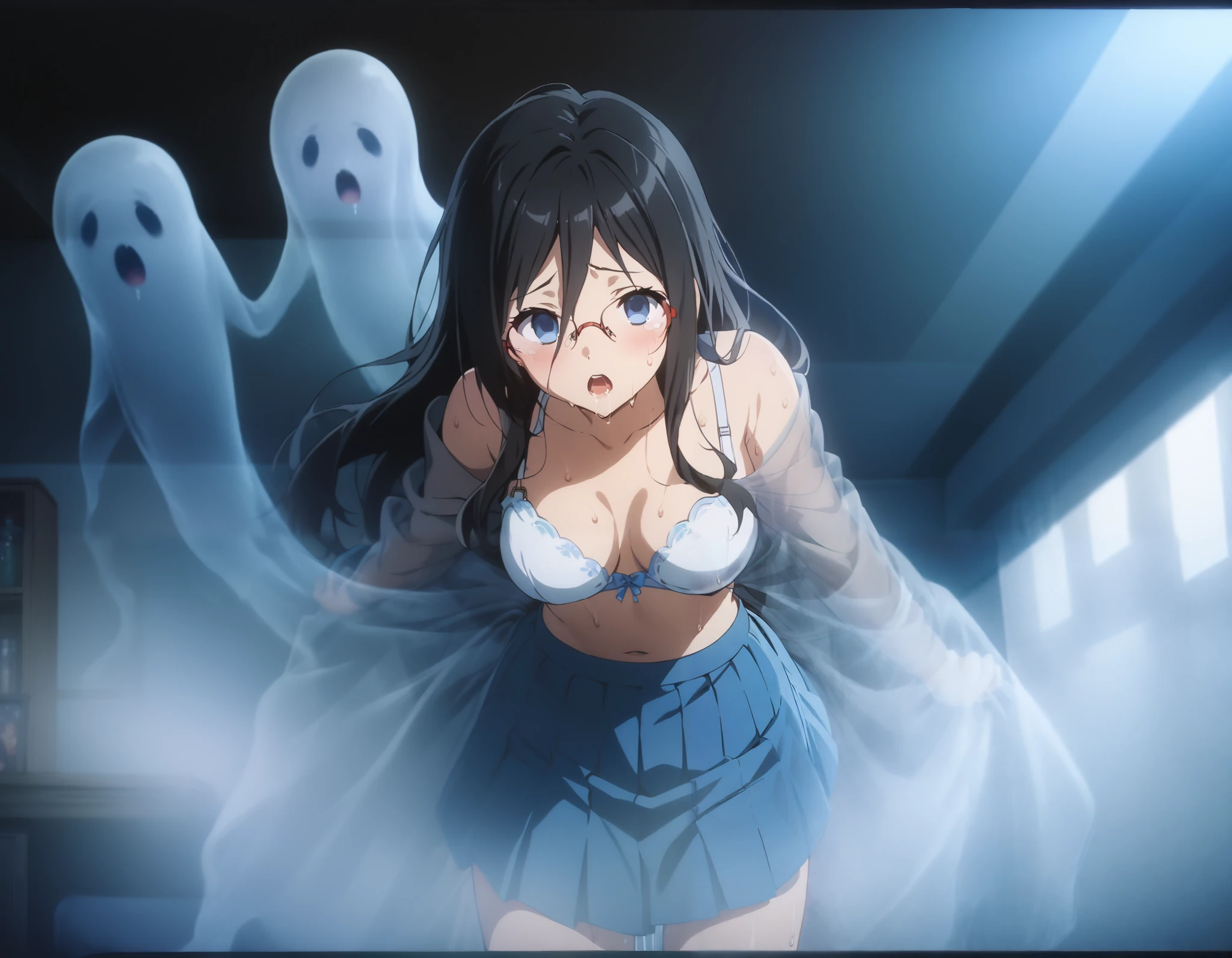 score_9, score_8_up, score_7_up, source_anime, official art, explicit, nsfw, ((((1girl)))), asuka tanaka, long hair, black hair, blue eyes, glasses, semi-rimless eyewear, red-framed eyewear, over-rim eyewear, hair between eyes, skirt, pleated skirt, blue skirt, (white bra), topless, (((((There is a ghost coming out of my back))))), The ghost of a man, (((Ghost do sex))), full body, spread legs, (((scared))), open eyes, (open mouth), ((blank eyes)), (tsurime), ((empty eyes)), tears, ((sweat)), (((saliva))), curvy, bed room, very aesthetic, absurdres, overhead shot, photo of a transparent ghost, out of frame, outside border, cinematic lighting, framed, feet out of frame, masterpiece, high quality, high details, sex, penetration