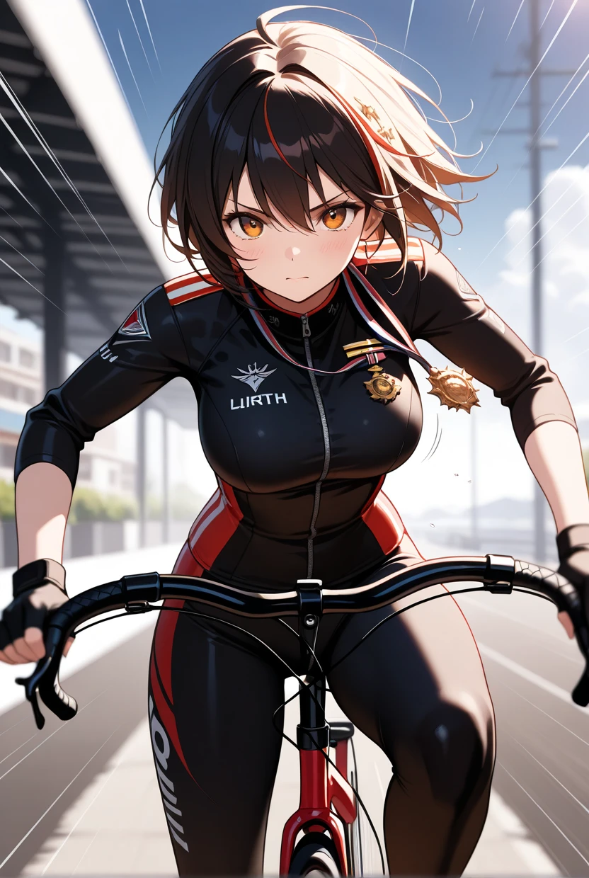 masterpiece, best quality, absurdres, 1girl,fieldsmith, striked hair, medal, riding bicycle,speed lines,breast, front view