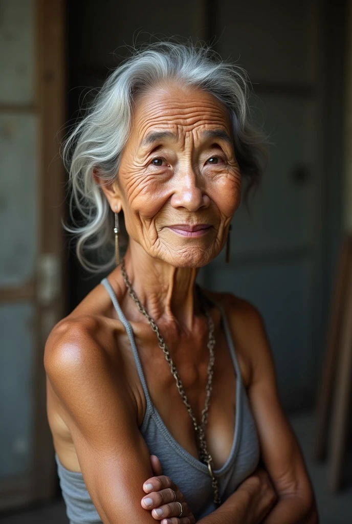 1 girl, photorealistic, realistic, life like, her name is Karriza, she is a Filipina, slim body, long grey hair, brown eyes, ( she is 65-years-old), ((65-years-old woman body)), (wrinkles on face and all over the body), dry age skin texture, sagging skin, Senile Freckles, wearing old woman beach clothes, sitting , light smile, wide shot, old house, farm,( nude), low quality,