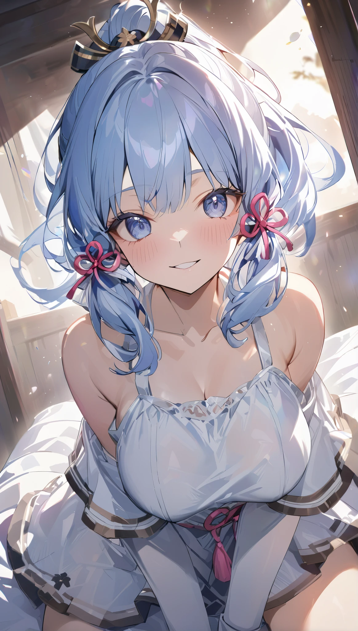 ayaka, long blue hair, beautiful face,smiling,close up to hips, moderate breast, sitting on beds, wearing beautiful white pajamas, (open mouth:0.4),illustration,detailed textures(realists),ultra-detailed,portrait style,vivid colors,soft lighting, blushing, mature, no bras, hair fluttering, soft breast