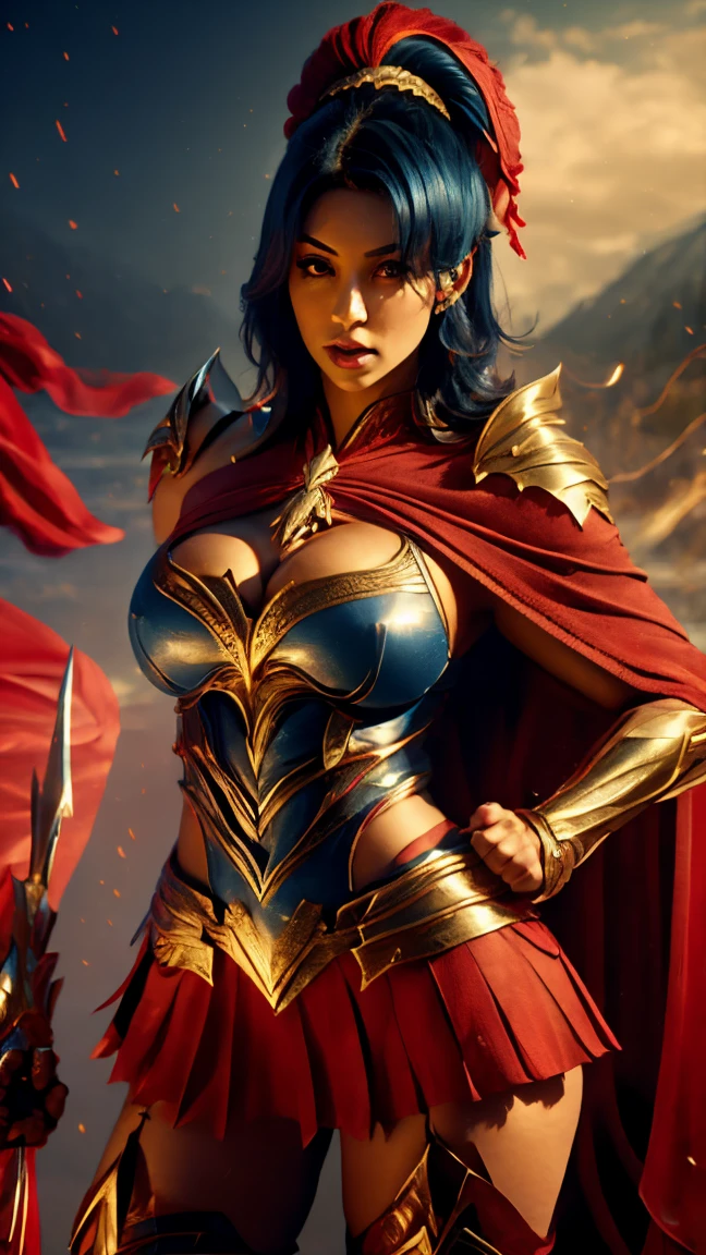 30 year old woman, blue superhero armored costume with red pleated mini skirt, short red capelet, teardrop shaped medium breasts , blue/red gauntlets, red/ blue boots, yellow trims and hems, teardrop shaped medium breasts, shoulder length right side-parted wavy bob black hair and a perfect body, thicc curvy milf body, keyhole cleavage, she has the aura of a Greek goddes