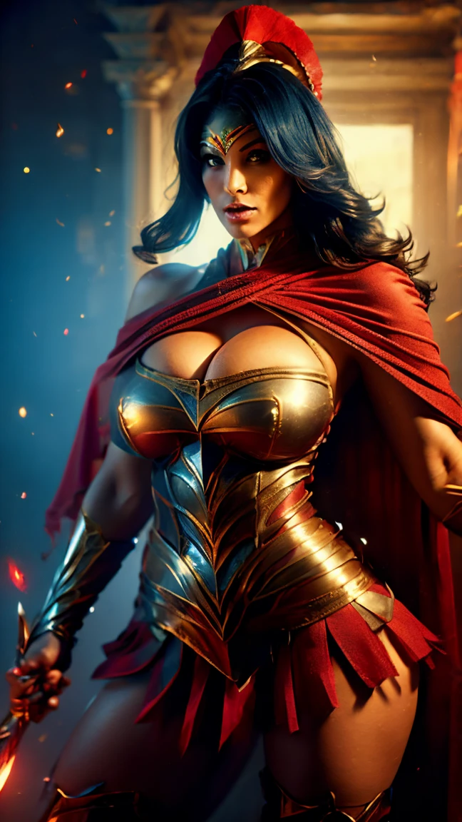 30 year old woman, blue superhero armored costume with red pleated mini skirt, short red capelet, teardrop shaped medium breasts , blue/red gauntlets, red/ blue boots, yellow trims and hems, teardrop shaped medium breasts, shoulder length right side-parted wavy bob black hair and a perfect body, thicc curvy milf body, keyhole cleavage, she has the aura of a Greek goddes