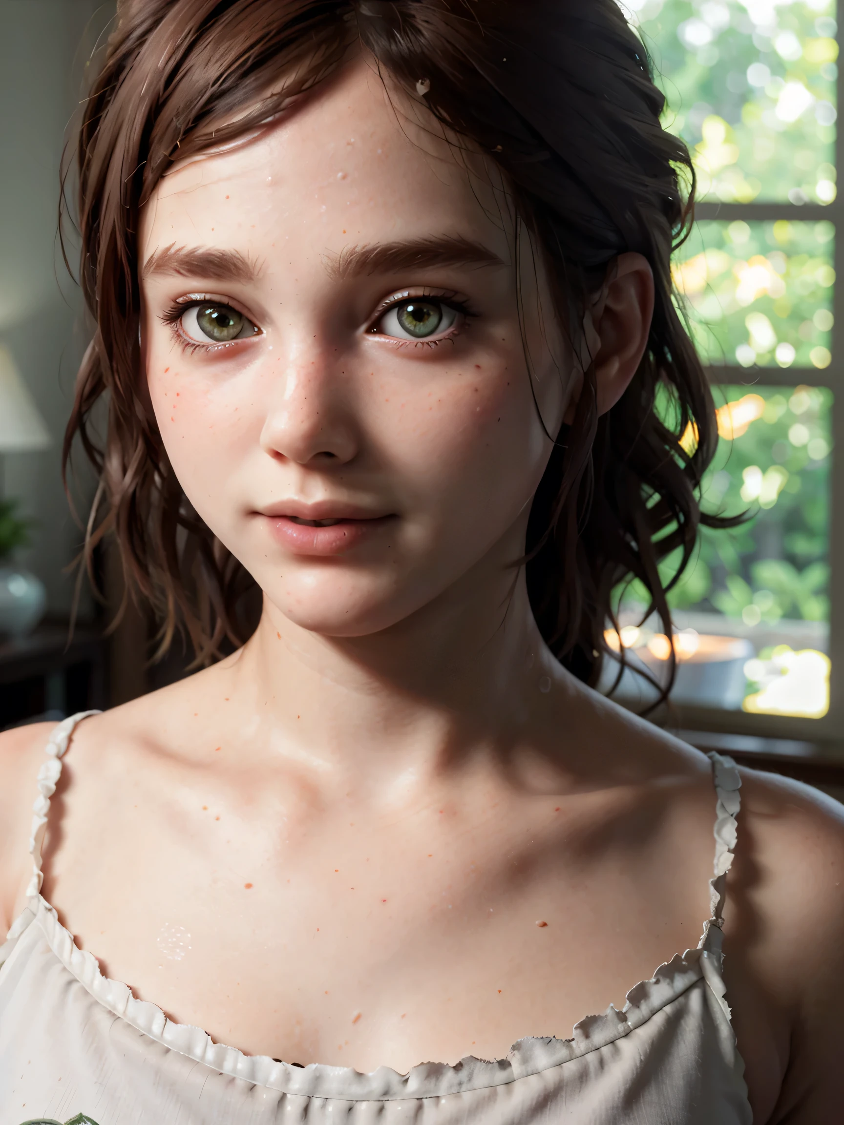 A stunning and intricate full color Ultra-HD portrait, a girl, short brown hair, green eyes, detailed face, ((detailed face:1.5)), ((cute face:1.3)),((flat chiest:1.5)), Pure white camisole, in a bedroom with a window. no plants, epic character composition, alessio albi, nina masic, sharp focus, natural lighting. , subsurface dispersion, f2, 35mm,