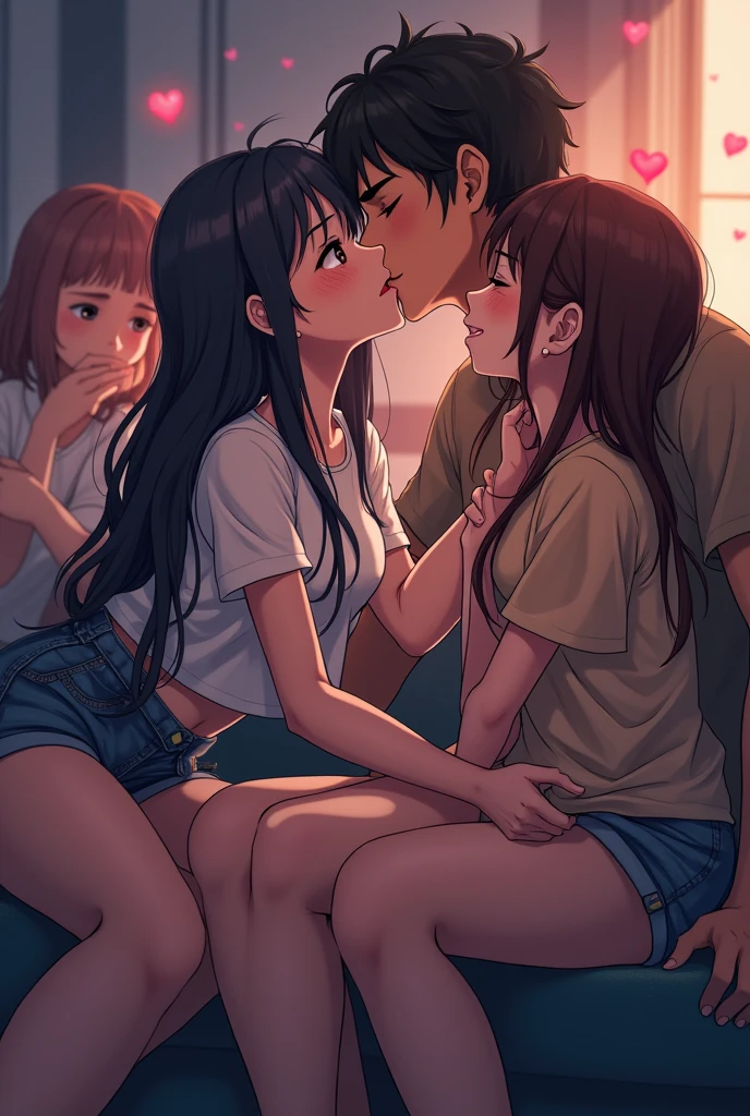 Concept Art,Love theme,illustration,1boy,1girls,kiss,Hetero,brunette hair,Closed eyes,topless male,Blush,Black Hair,pajama,blue trousers,long-haired,Seated,clavicle,trousers,couple,indoors,medium hair,cloudy,shirt,Put your hand on another person's shoulder.,long sleeve,Put your hand on another person's chest.,Short Hair Hair,