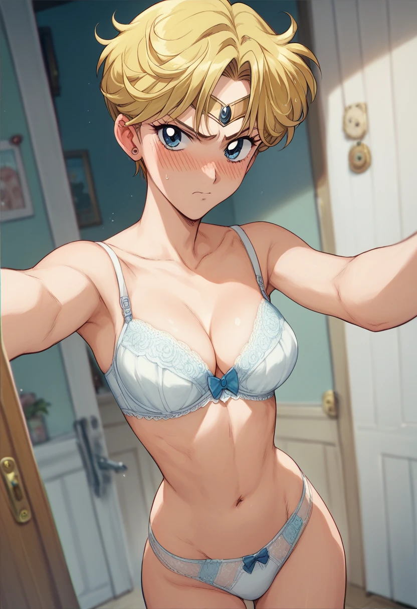 animeソース　（anime）　（ Official Art）　（ Very detailed）　 high definition 　 High Quality 　Haruka Tenou Sailor Uranus　Blonde　 shortcut that doesn't shed bangs　 selfie 　blush　 bra　 panties