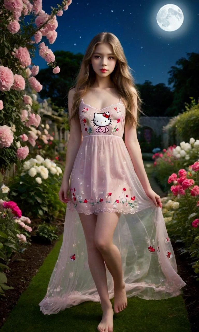 A cute woman (sheer gown delicate hello kitty embroidery, no underwear, cute, age 20, long hair, bare feet) taking a stroll through a flower garden by moonlight, sultry invitation
