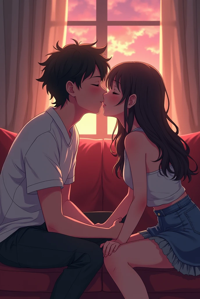 cartoon人物，Two people are kissing，Woman initiates a kiss，Lazy，Dimly Lit Room，study，Curtains drawn，Scattered manuscripts and pens on the floor，sitting，leaning against the bed.，Male with a頹廢 (tuí fèi) style，Male with fluffy hair，Male with slightly long hair，Guy wearing a hooded jacket，Girl wearing casual clothes，Woman with medium-length hair，brown hair，cartoon，Cool colors