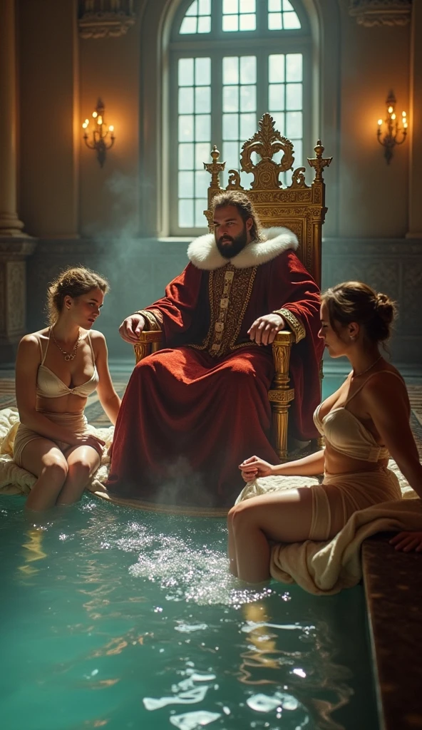 an old king dressed in gold finery walks through his palace garden inspecting the incredibly sexy blonde naked women of his harem