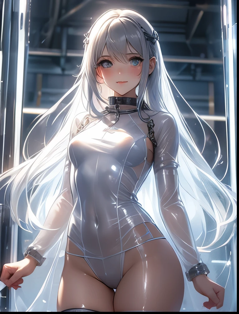 （lifelike， high - resolution：1.3）， 1 girl with a perfect body，slender body, Super fine face and eyes，assasin, dark makeup, shiny skin，white hair, (girl caught in a sex machine)，Expose cleavage, (sex machine, restrained, bound, bdsm, object insertion, smachine) (wet skin, shiny skin)