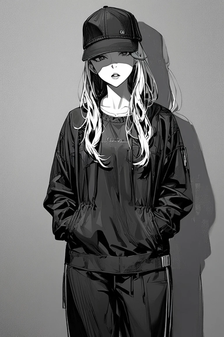 1girl, Alone, hat, hands_in_pockets, multicolored_hair, shadow, parted_lips, bangs, standing, white_shirt, looking_at_viewer, shirt,Monochrome background