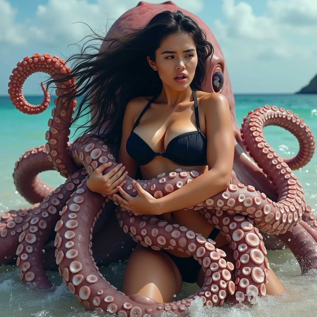(8K, highest quality, masterpiece:1.2), (realistic, realistic:1.37), Slender woman lying on a giant octopus, Tentacles wrap around genitals,get down on all fours, close your eyes, troubled face, shot from behind, Retrospective viewers,on summer bright beach,