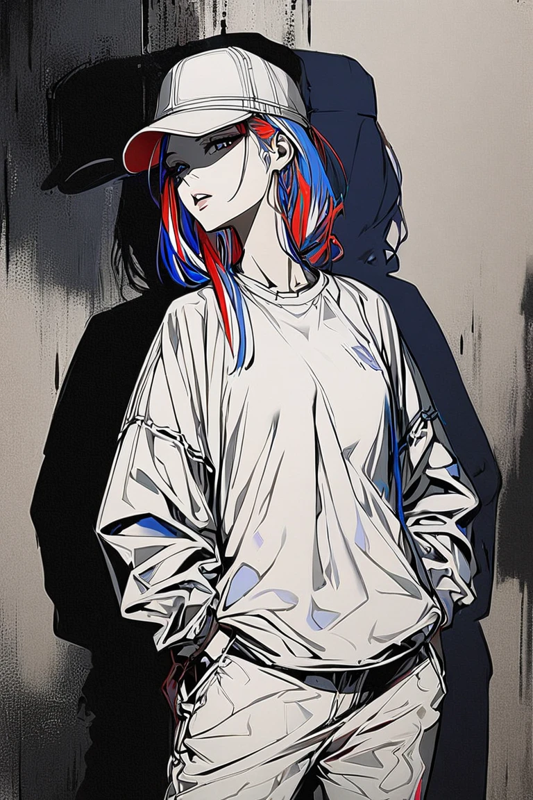 1girl, Alone, hat, hands_in_pockets, multicolored_hair, shadow, parted_lips, bangs, standing, white_shirt, looking_at_viewer, shirt,black and white background 、Only the face is colored