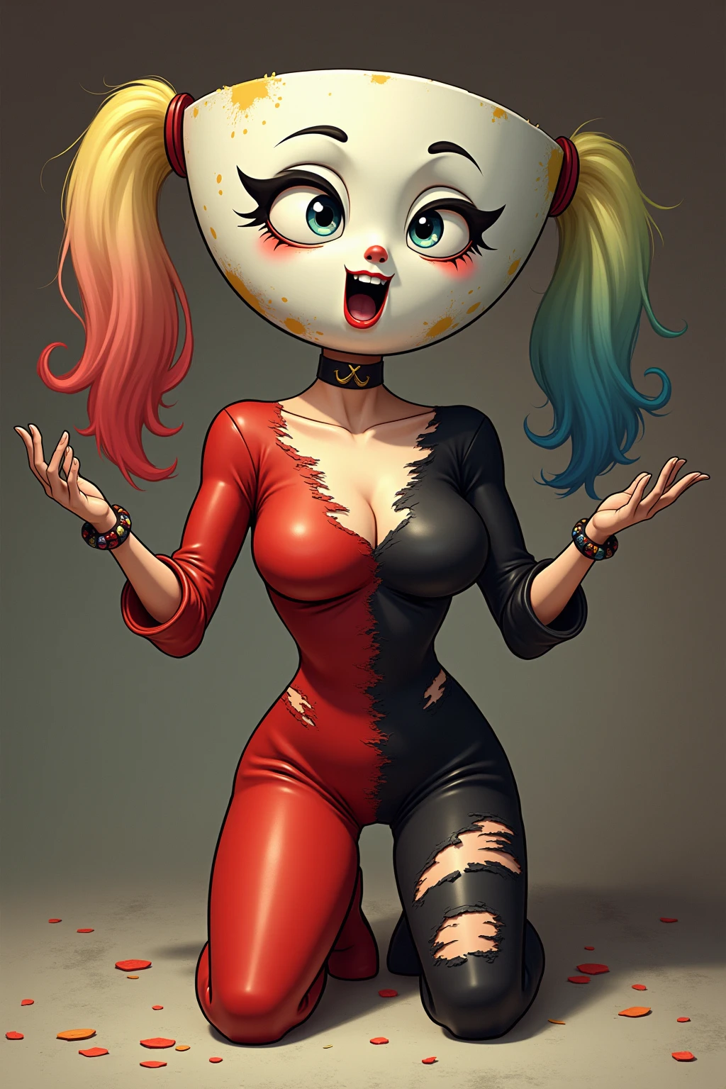 Woman dressed as a clown painted her face like a clown with a big psychopathic smile and blood on her face with a chainsaw in her hands and with a big butt