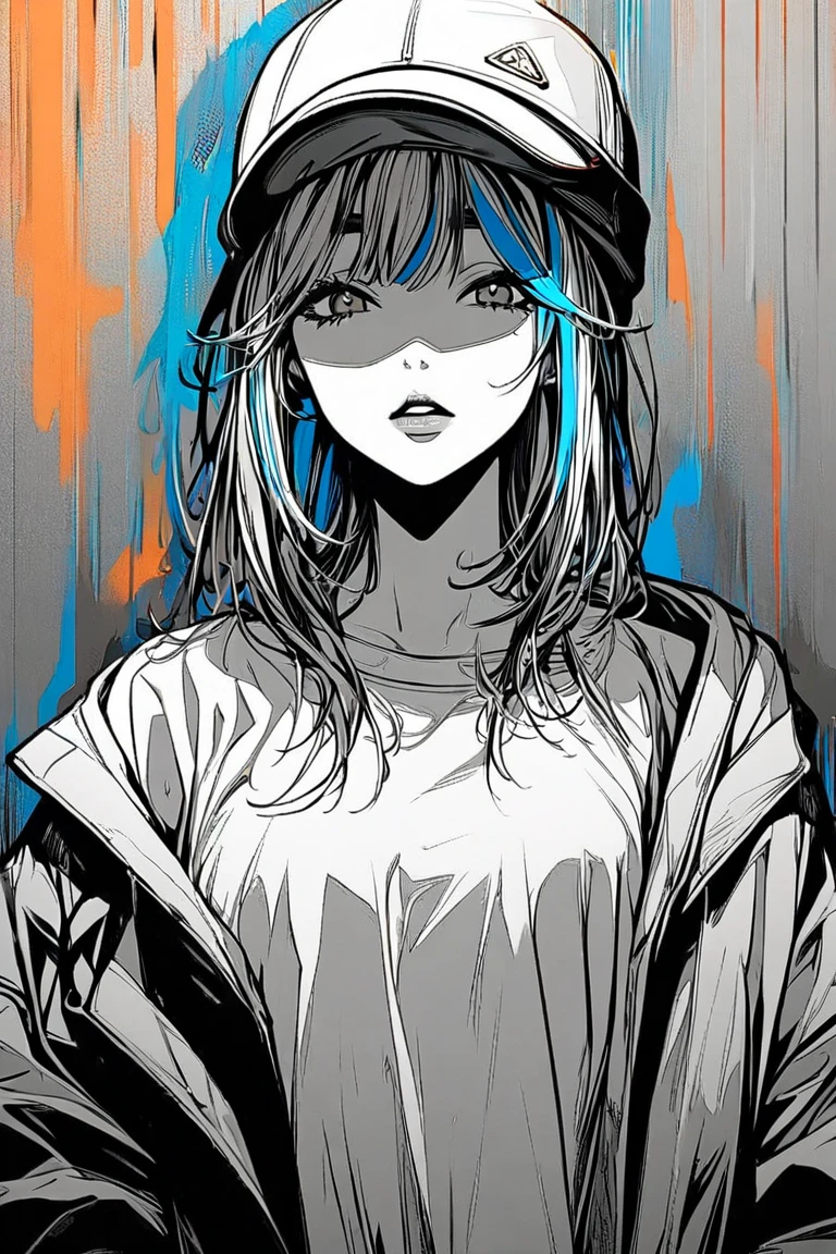 1girl, Alone, hat, hands_in_pockets, multicolored_hair, shadow, parted_lips, bangs, standing, white_shirt, looking_at_viewer, shirt,Monochrome background、Only the face is colored