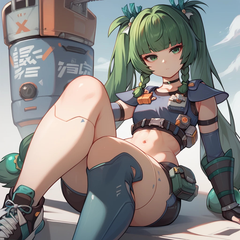 1girl, qingyi, green eyes, green hair, very long hair, twintails, blunt bangs, hair bobbles, side braids, hair ornament, robot joints, wide hips, big ass, thick thighs, fingerless gloves, black shorts, navel, choker, crop top, knee pads, elbow gloves, black sneakers, gauntlets, cowboy shot, expressionless