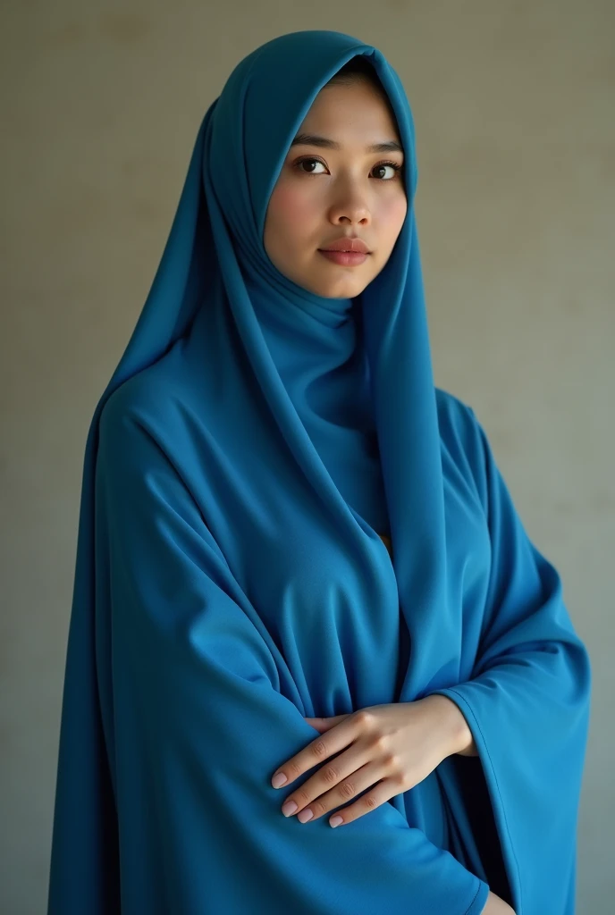 (photorealism:1.2), beautiful Chinese Moslem, very beautiful Chinese Moslem female, long blue hijab and long pattern abaya, very detailed fingers, beauty purple nails, high resolution, 8k, HDR 