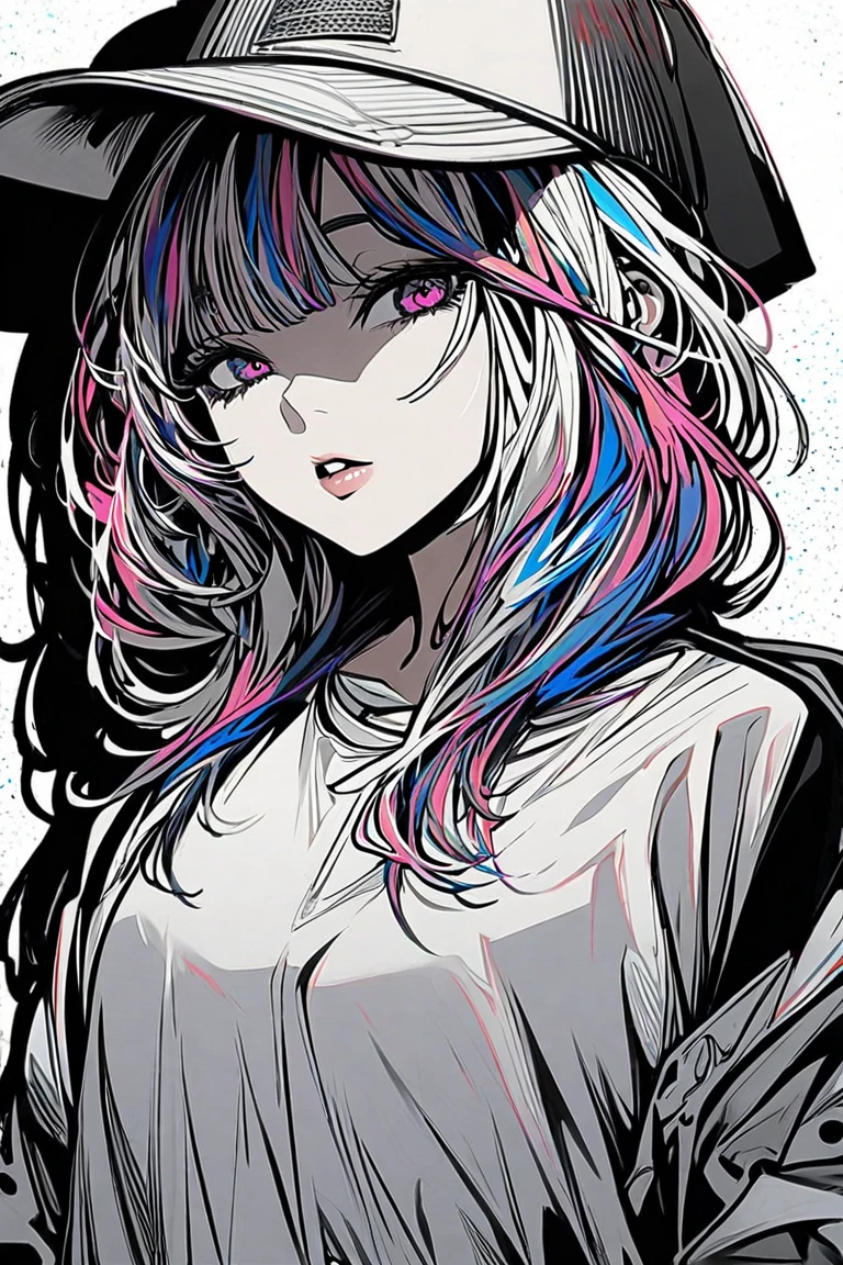 1girl, Alone, hat, hands_in_pockets, multicolored_hair, shadow, parted_lips, bangs, standing, white_shirt, looking_at_viewer, shirt,black and white background 、Only the body is colored