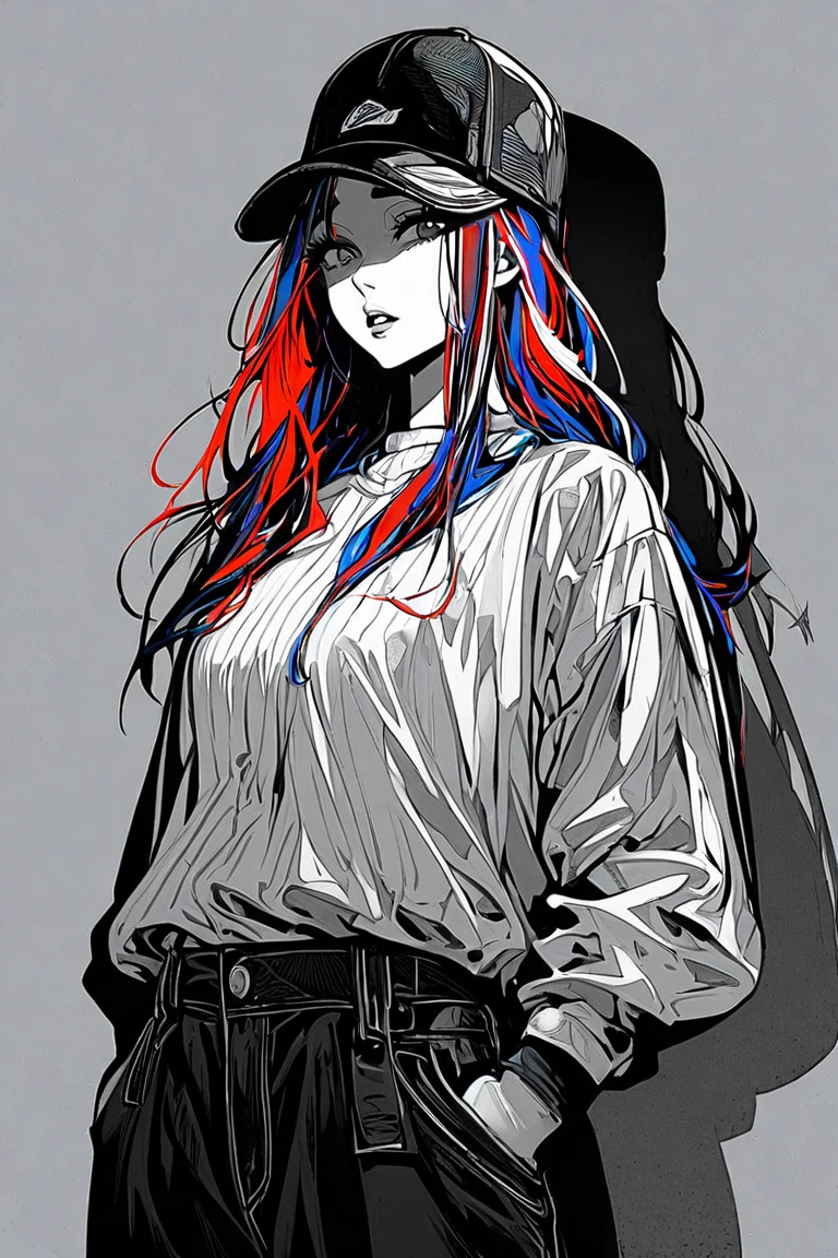 1girl, Alone, hat, hands_in_pockets, multicolored_hair, shadow, parted_lips, bangs, standing, white_shirt, looking_at_viewer, shirt,no color background、Only the body is colored