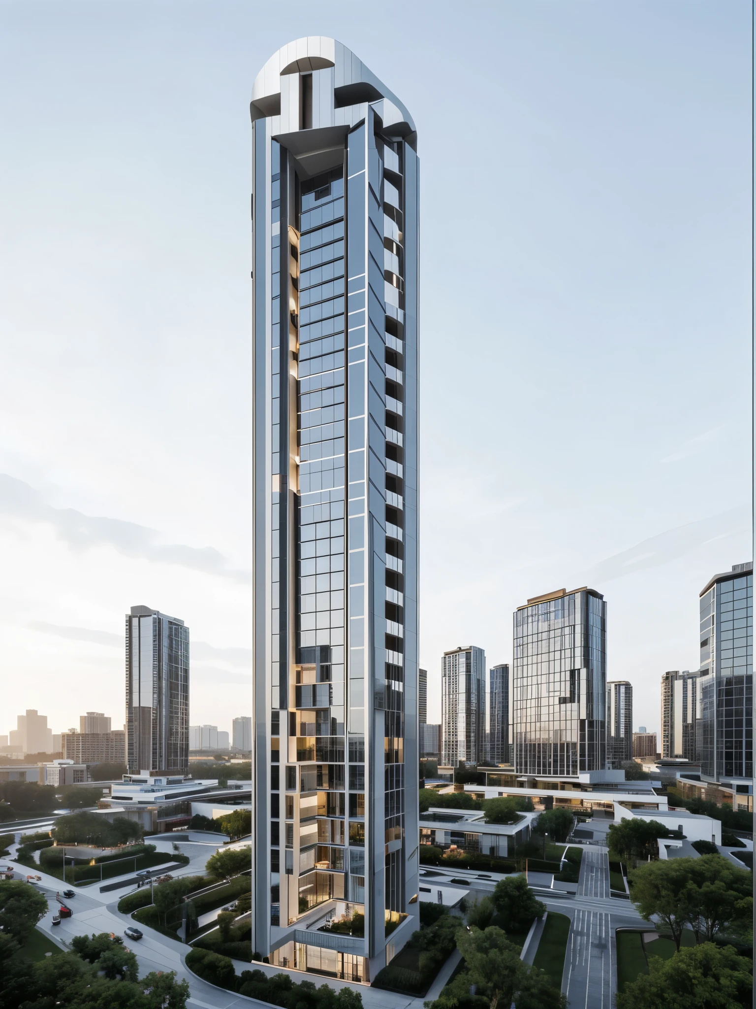 skyscraper in a city, square forms on facade, road, cars. the sky is clear blue, slall cloud