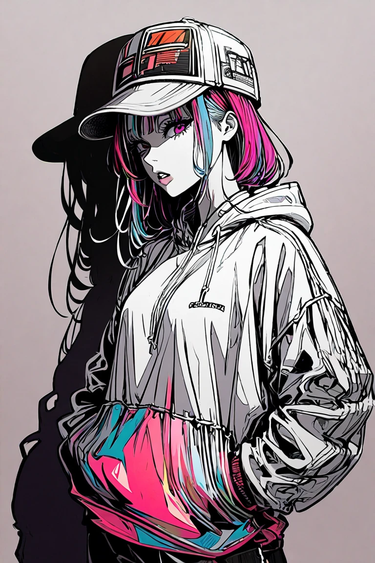 1girl, Alone, hat, hands_in_pockets, multicolored_hair, shadow, parted_lips, bangs, standing, white_shirt, looking_at_viewer, shirt,no color background、Only the body is colored