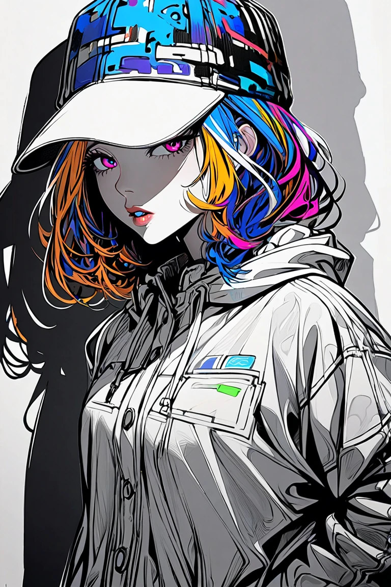 1girl, Alone, hat, hands_in_pockets, multicolored_hair, shadow, parted_lips, bangs, standing, white_shirt, looking_at_viewer, shirt,black and white background 、Only the body is colored