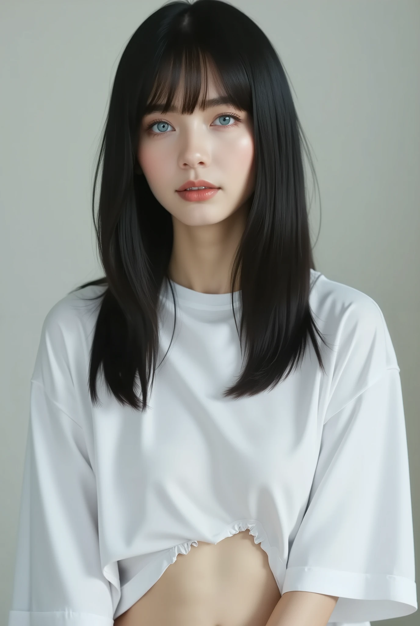 (Ultra-detailed skin), pale skin, (Ultra Fine Hair),(Very soft hair),(Super straight hair:1.5), longer bangs for the day,black,Hair on one eye, blue eyes, Glasses, black, straight, silky smooth long white t-shirt (Up to the thighs), medium ( white shirt, lower body , Torn, mid-chest Torn shirt, no ,